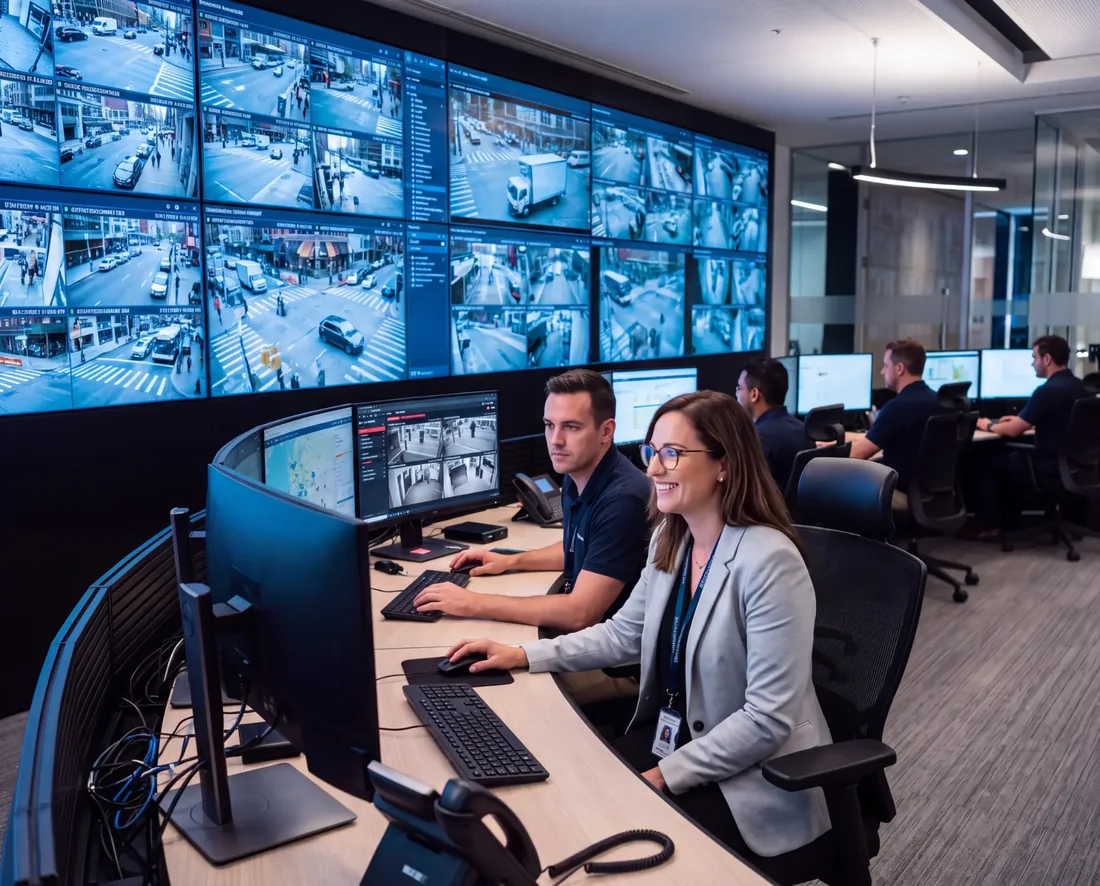 Centro de monitoramento Safe.ty Segsat com operadores acompanhando câmeras 24 horas